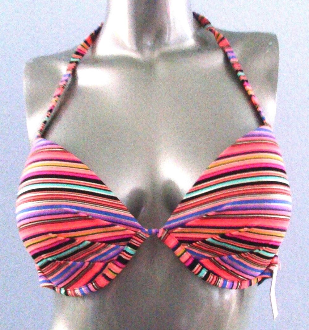 Victoria's Secret Nwt Fabulous Multi Stripe Foil Strappy Push Up Bikini Top 32C